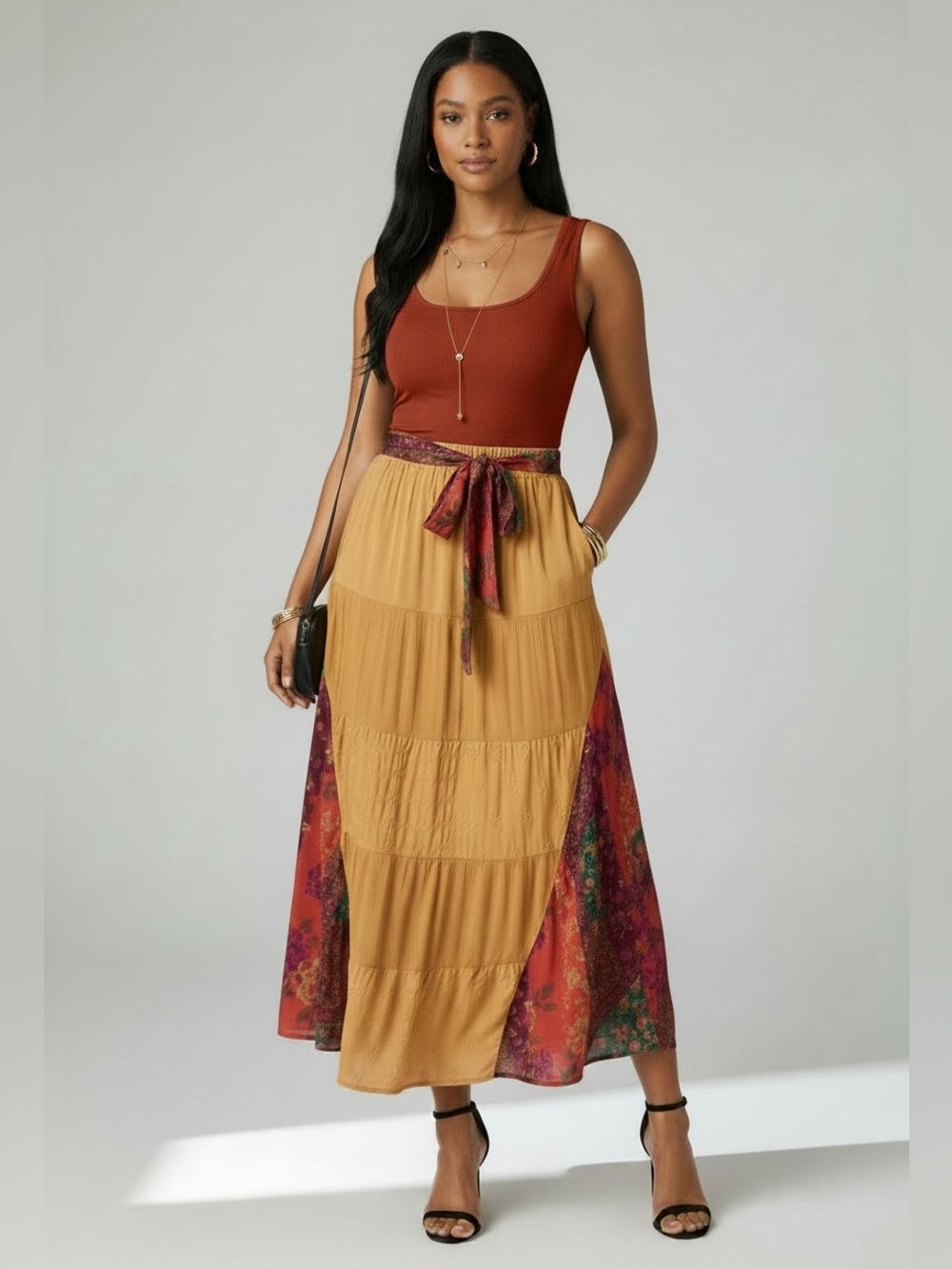 Mustard Tiered Maxi Skirt with Printed Side Panels - Picture 3 of 5